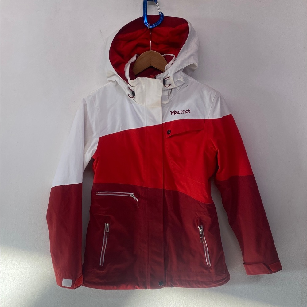Marmot Membrain Jacket Women’s‎ Small Red White Ski Shell Removable Hood